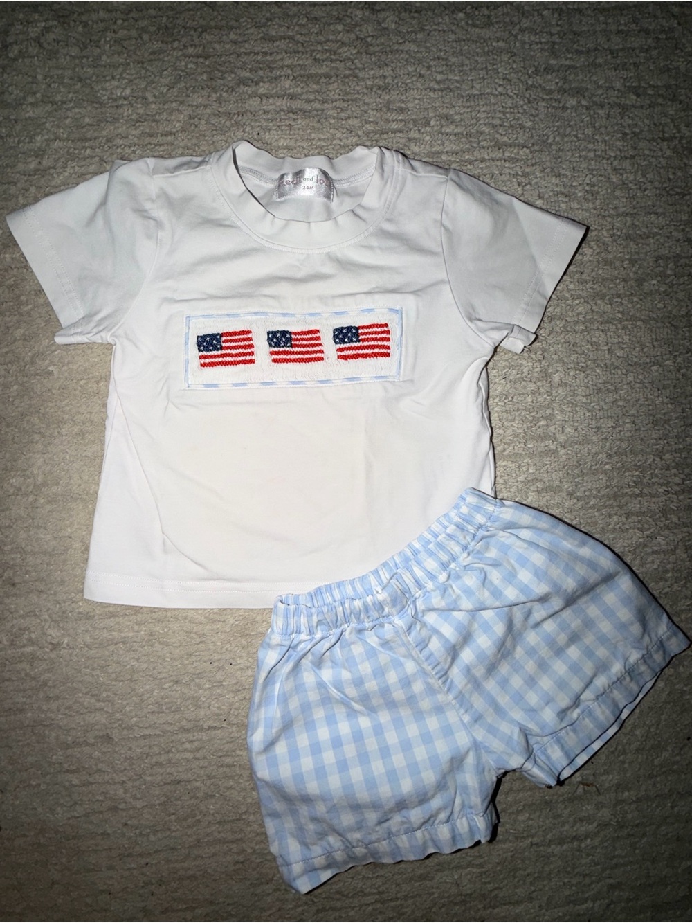 White Tee & Light Blue Gingham Shorts Kids Pajama Set with Flag Detail
